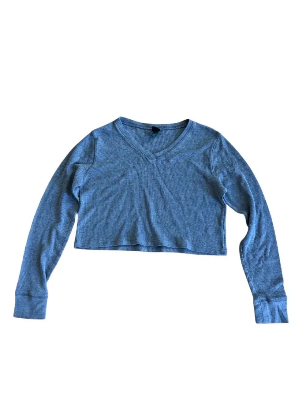 Wild Fable Women's Crop V-Neck Thermal Long Sleeve Top in Gray Size XS (Relaxed)